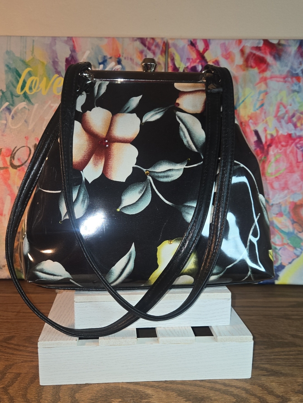 Black Floral Patent Shoulder Bag - Women